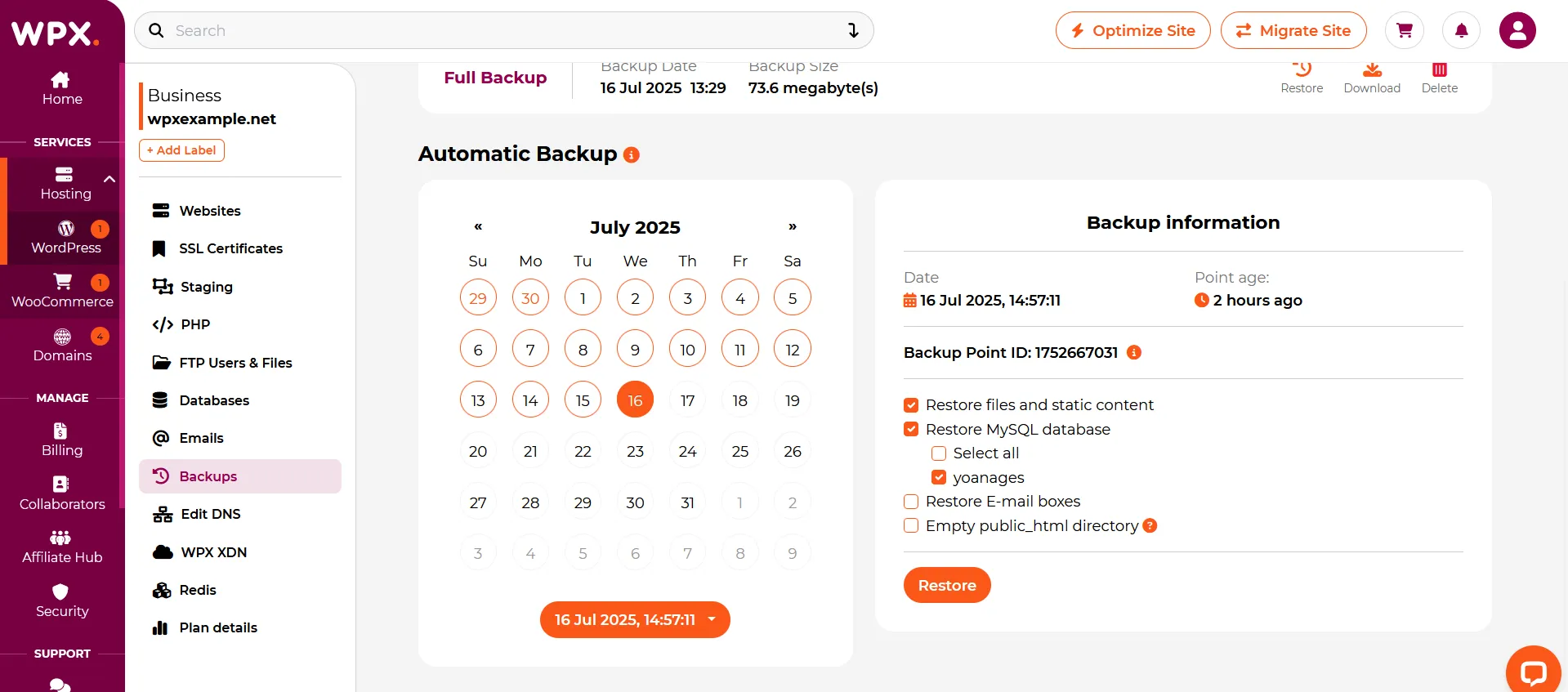 Screensshow showing WPX automatic daily backups