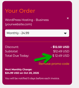 WPX price reduced to $12.49 for 5 websites after coupon applied.