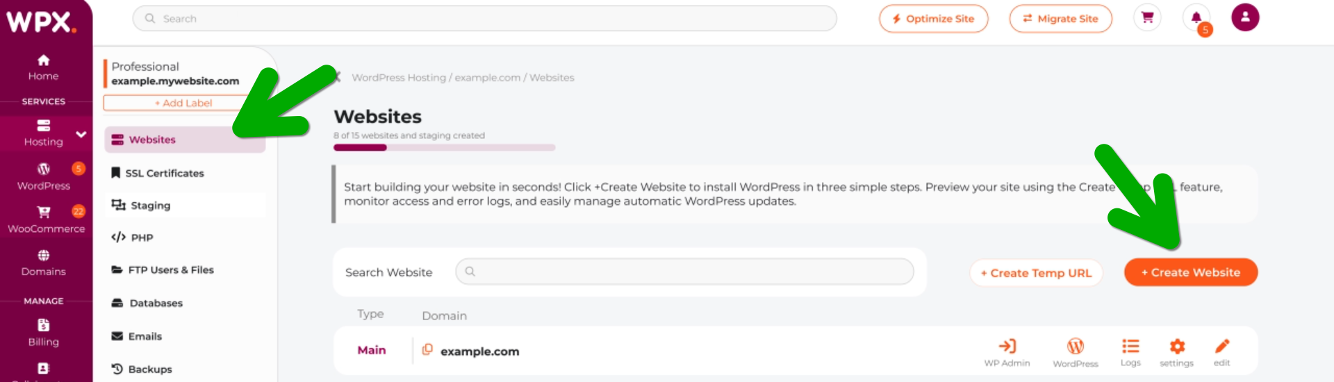 Adding a website to WPX is super easy. Click hosting > websites > create website