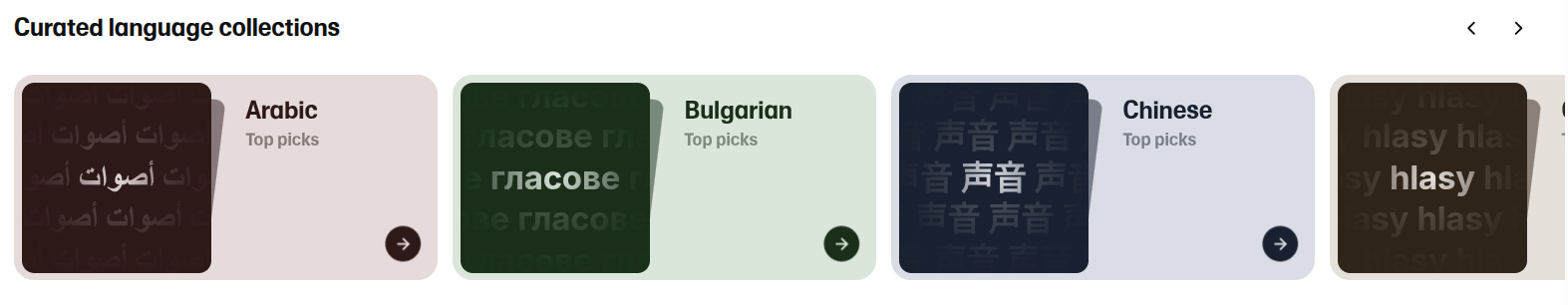 Screenshot showing ElevenLabs AI voice collections categorized by language.