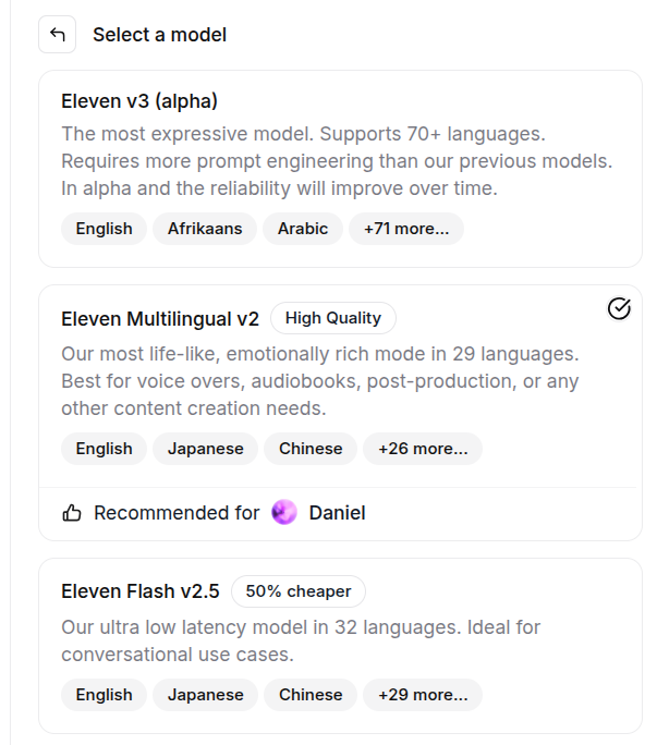 Screenshot showing Elevenlabs voice models.