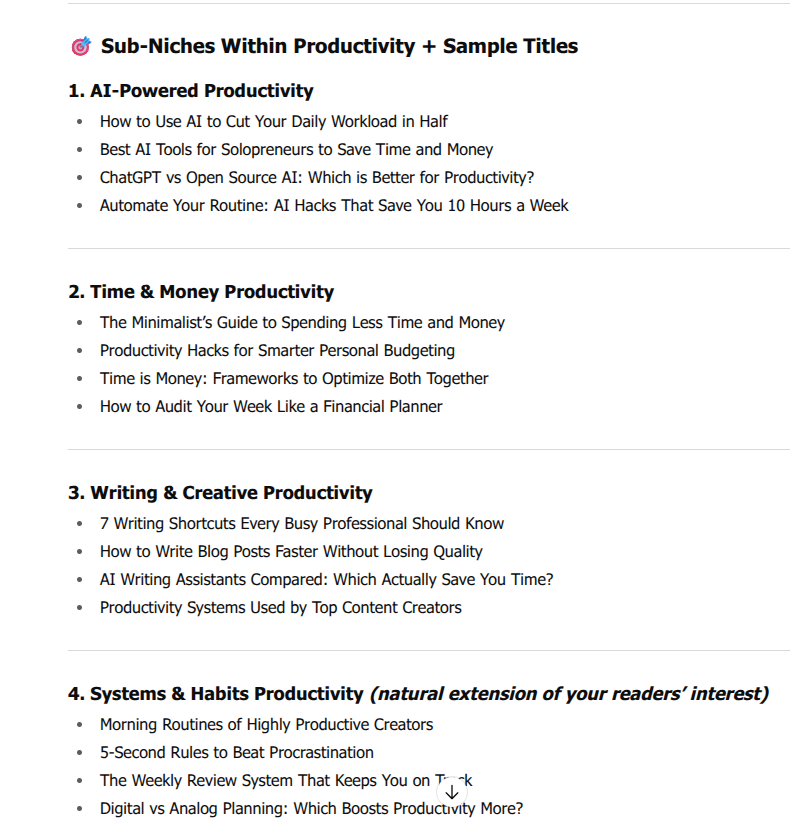 Ideas for new blog posts given by ChatGPT Free version. Most of them are generic and won't do well on Google