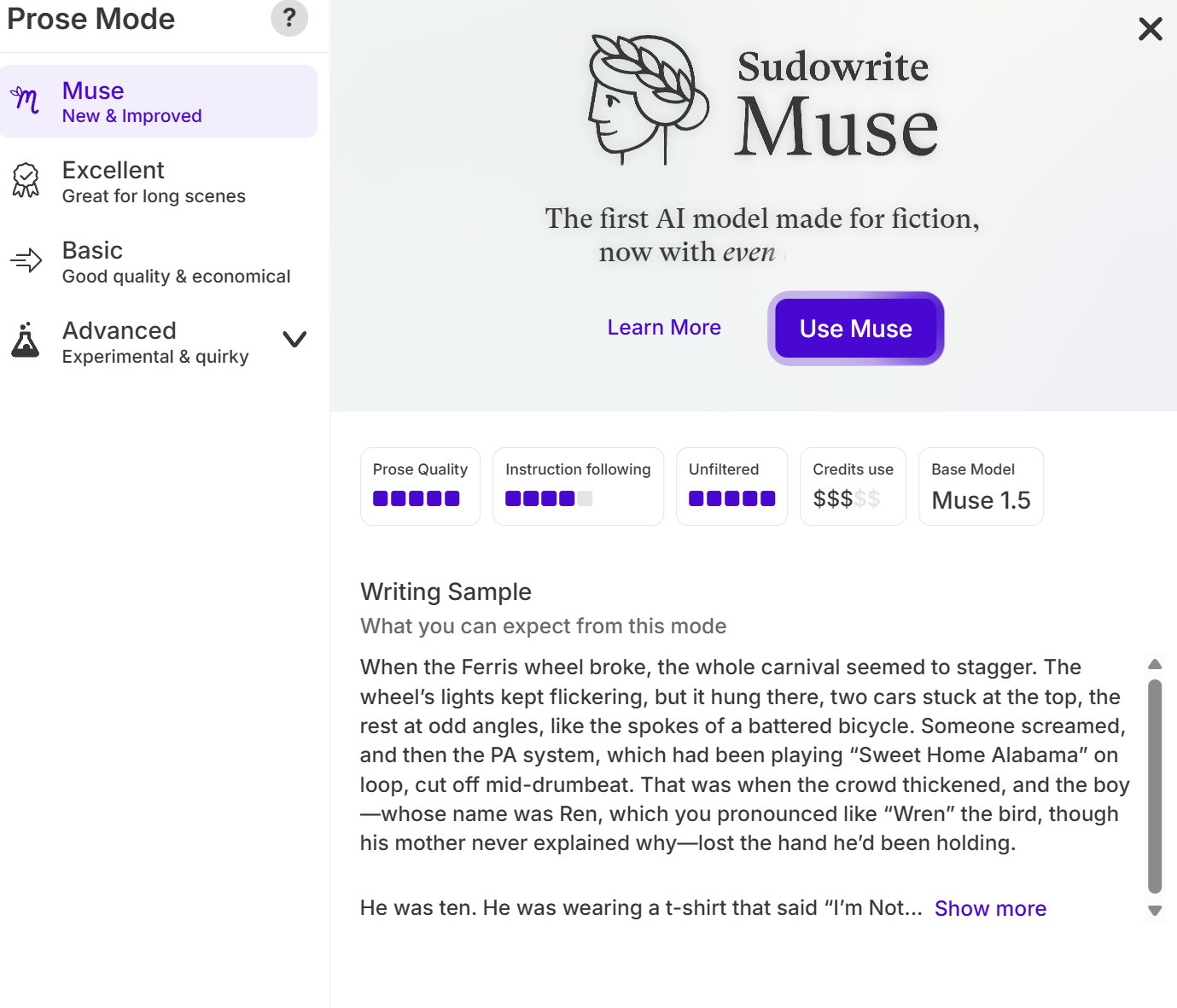 With Sudowrite, you can choose from multiple AI models like Muse (Sudowrite's own AI for fiction), Claude, GPT, Deepseek, etc. You can also give your style examples to guide the AI to mimic your style.