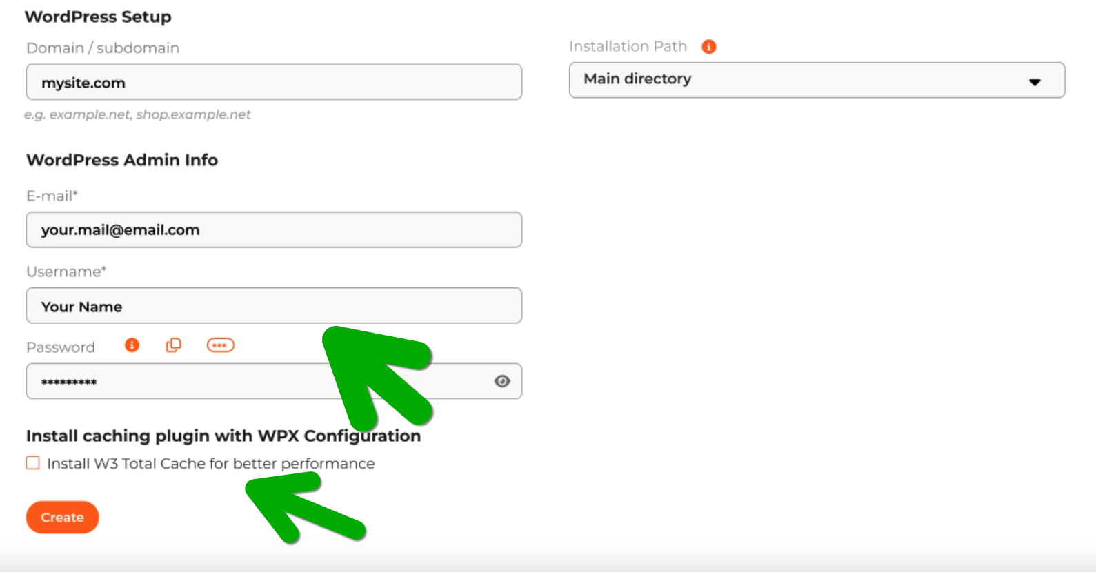 When adding a new website, you can easily configure the domain, your WordPress username/password as well as caching - with WPX optimized settings.
