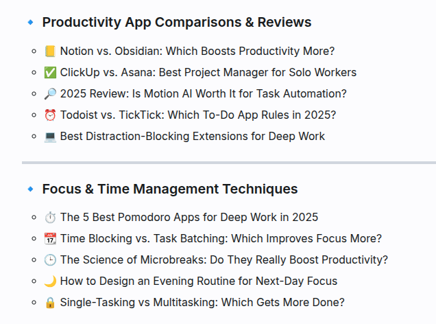 Notice how GPT-5 on Plus version actually uses keywords and app names from my existing articles to suggest new topics.