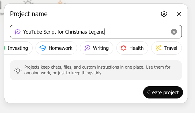 Screenshot showing how to create a project on ChatGPT