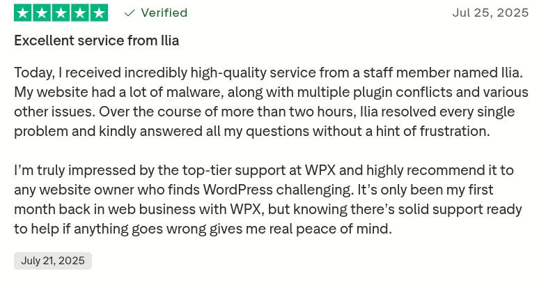 Customer appreciating WPX team for free and quick malware removal service they provide.