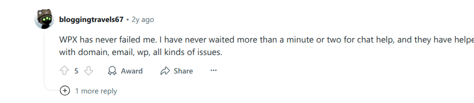 Redditor praising WPX support for helping him with everying from WordPress setup to email issues.