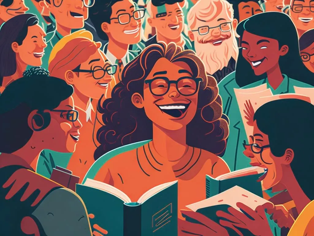 Smiling_Writer_surrounded_by_fans_on_book