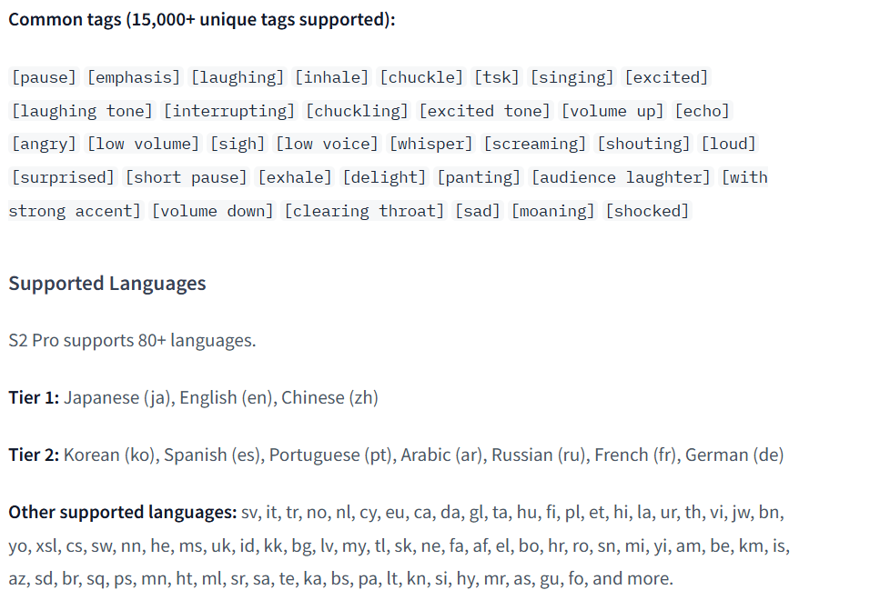 Examples of emotion tags supported by Fish Audio S2 Pro.