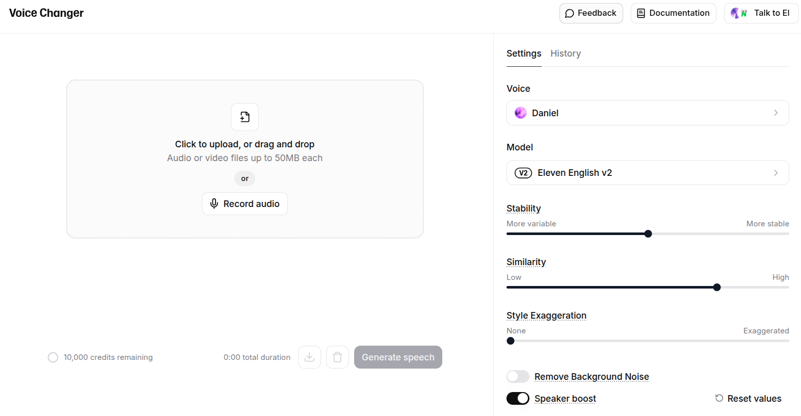 Screenshot of ElevenLabs Voice Changer. Upload your audio and transform your voice into AI voiceover which copies your tone and emotion.