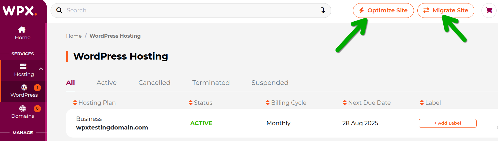 Finally, on WPX client area, you can easily access to your websites, 1 click site optimization, and 1 click migration.