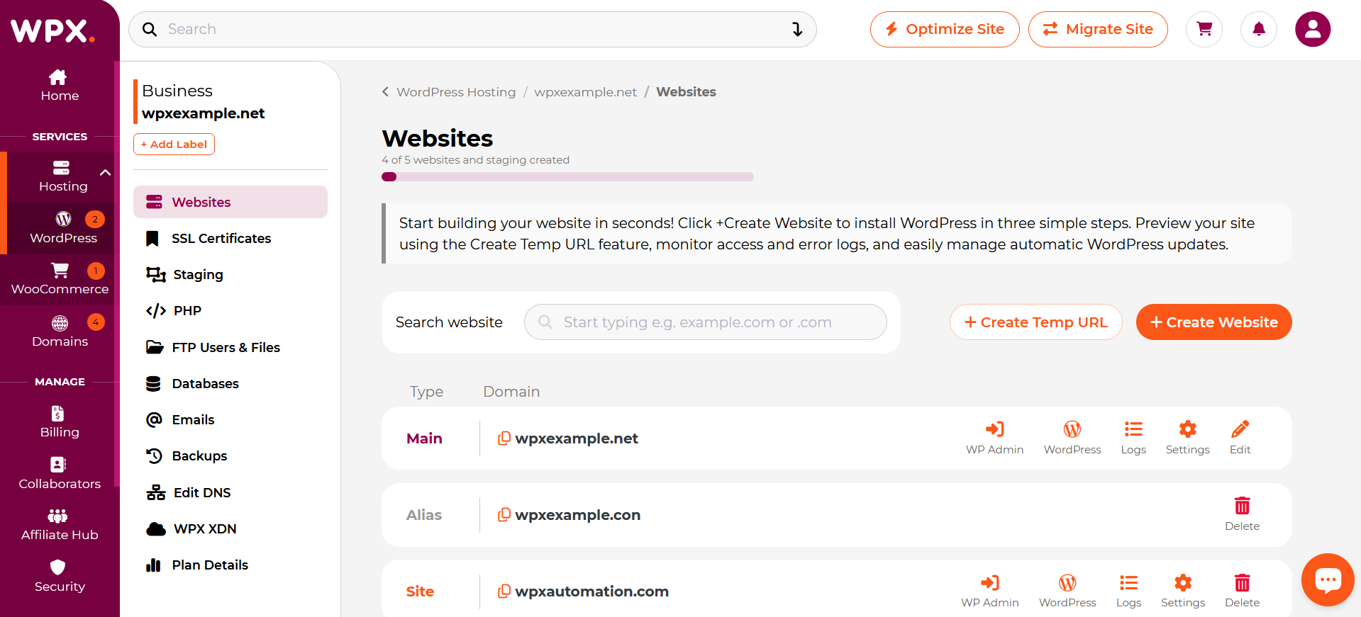 In the control panel, you will find easy access buttons to manage WordPress settings, pHp configuration, FTP, etc for all your websites.