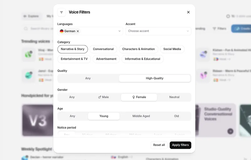 You can filter voices by gender, quality, category, and much more