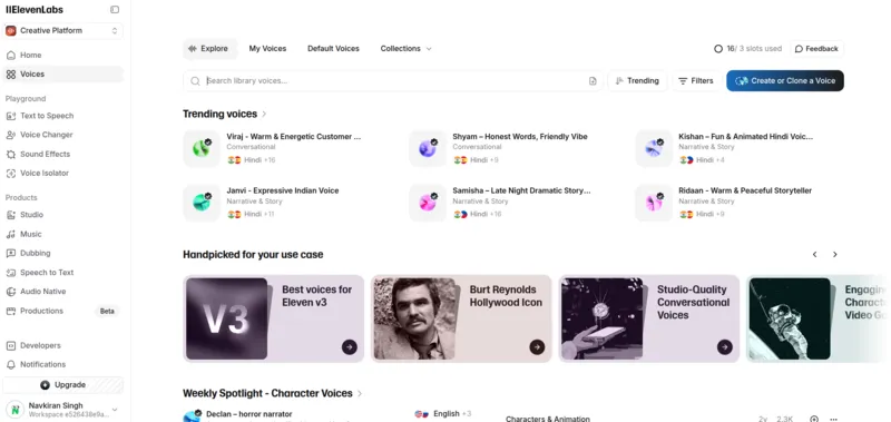 Elevenlabs voice library showing 1000+ community voices sorted by usecases and languages