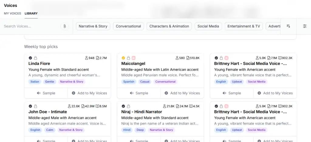 Screenshot of the ElevenLabs Voice Library with filters for category, age, gender, language, and users.