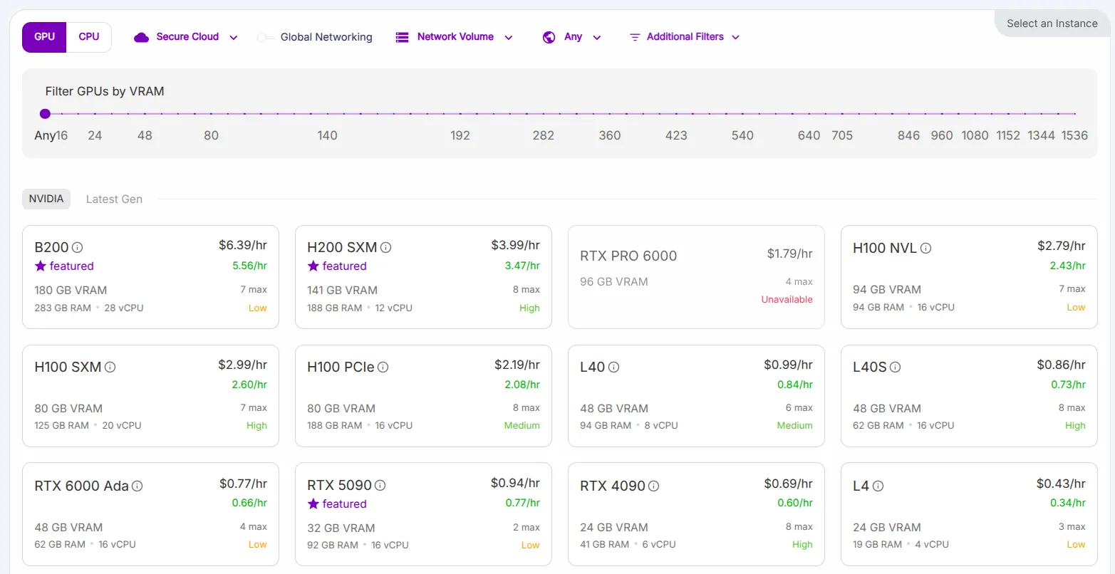 gpu selection of runpod