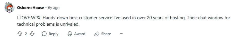 Website owner with 20+ years of hosting experience, praising WPX for their customer support.