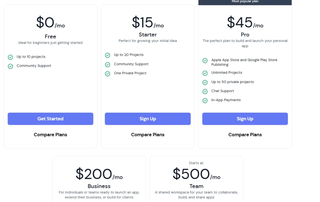 Thunkable pricing tiers for Pro and Business plans