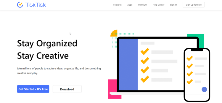 TickTick homepage showing its task-list apps on desktop and mobile