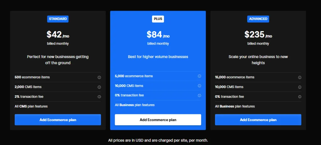 Webflow Ecommerce Plans pricing tiers