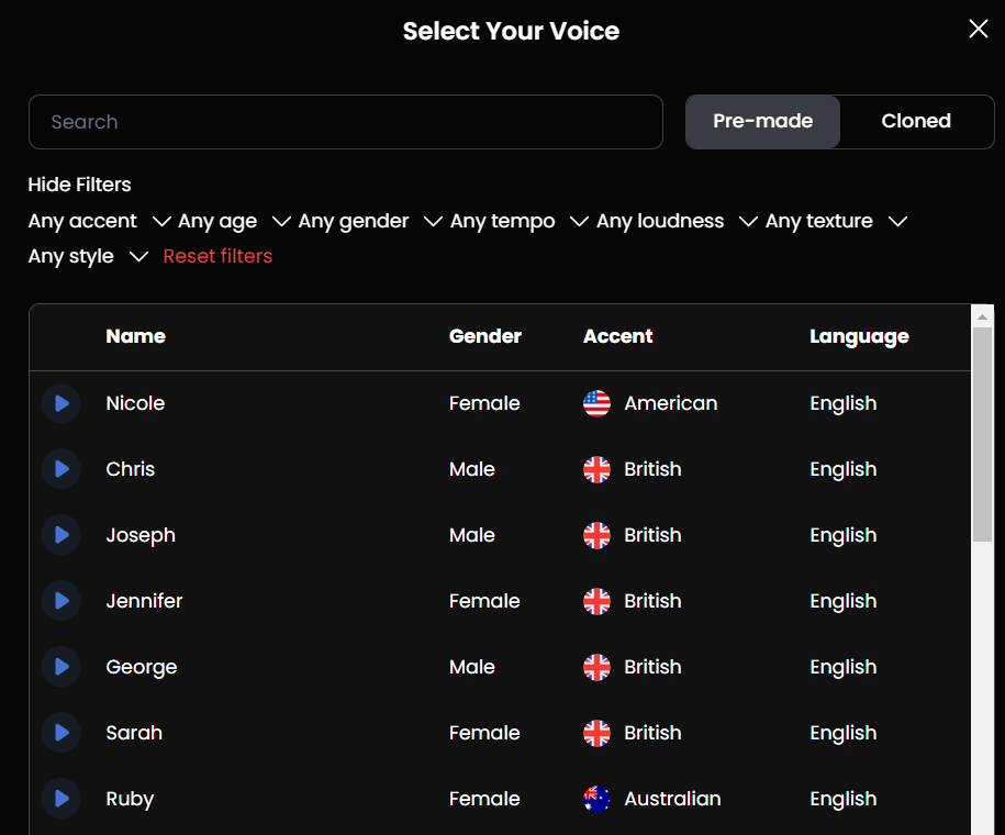 900+ voices which can be filtered by language, tempo, gender, usecase, etc.