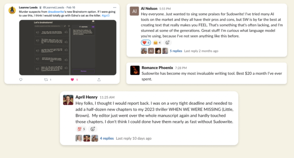 Sudowrite user reviews from slack, reddit.